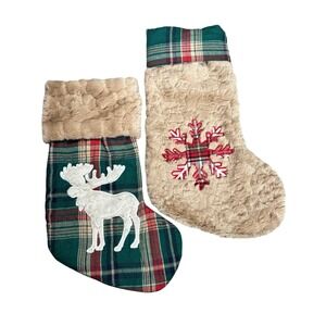 Plaid and Faux Fur Christmas Stockings Moose Snowflake‎ Rustic Cabin Decor